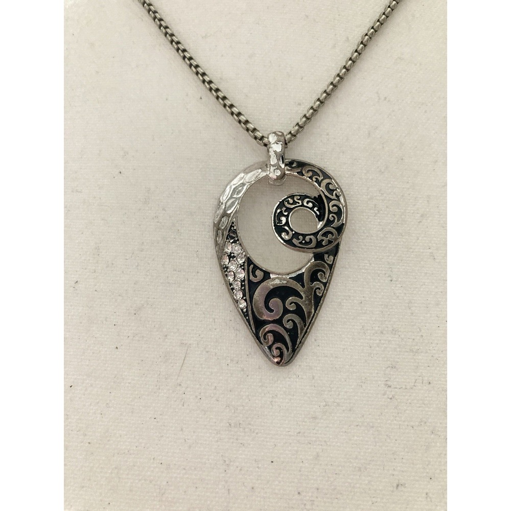 Silver Tone Filigree Swirl Pendant Necklace Rhinestone Accent Abstract Teardrop